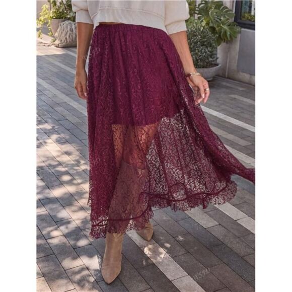 1pc Solid Color Casual Elegant Lace Skirt, Suitable For Dates, Beach, Country - Picture 3 of 6